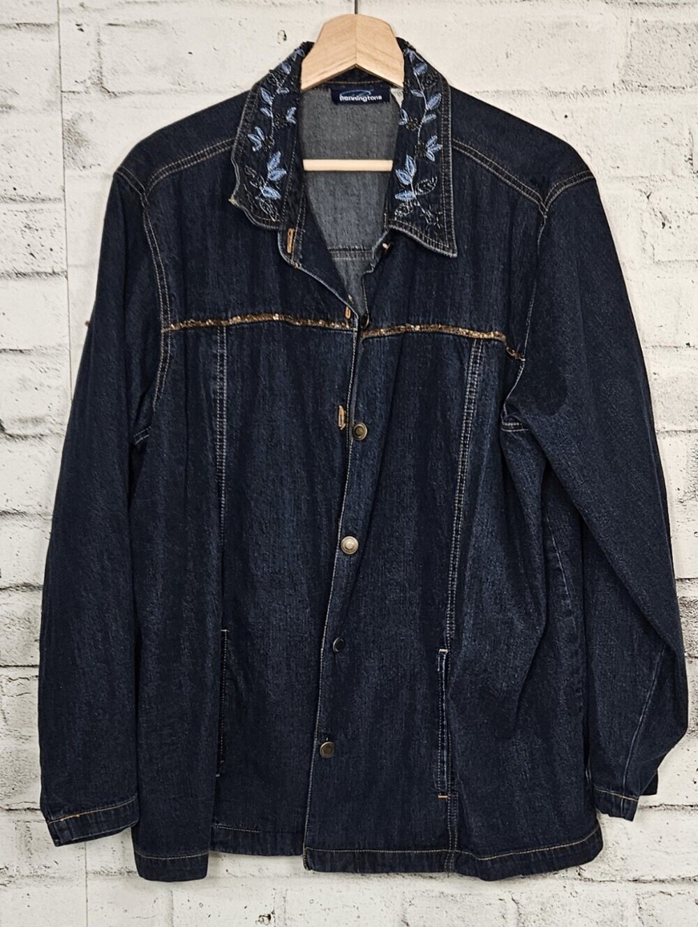 Vintage Penningtons Embroidered Collar Denim Jacket Plus Size 22W Dark Wash
